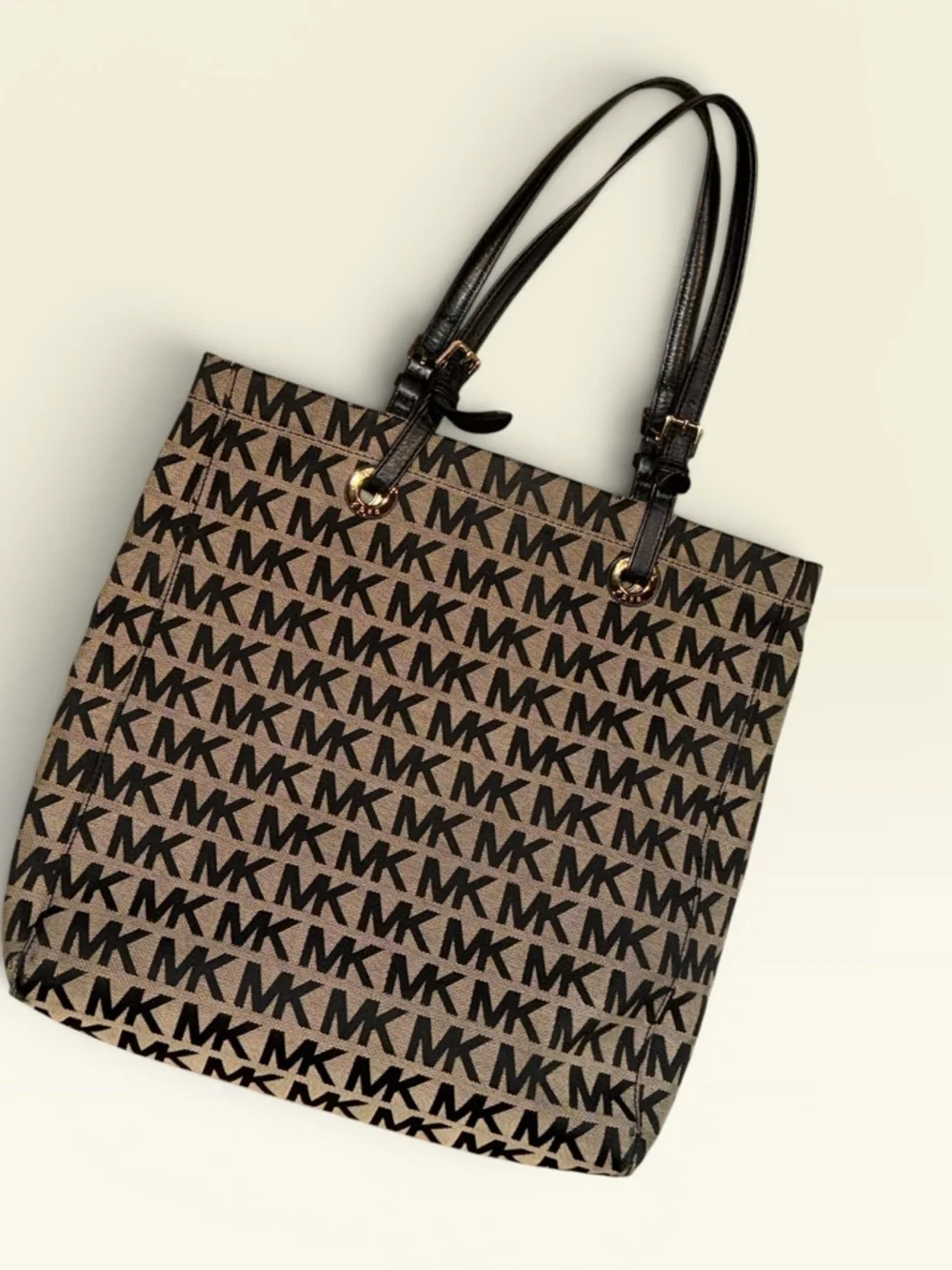 Michael Kors Black Logo & Beige/Tan Tote with Gold Accent and Matching Wristlet - Picture 2 of 16